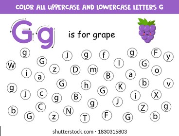 Find and color all letters G. Educational worksheet for learning alphabet. ABC letters. G is for grape.