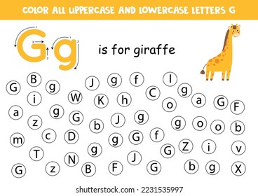 Find and color all letters G. Educational worksheet for learning alphabet. ABC letters. G is for giraffe.