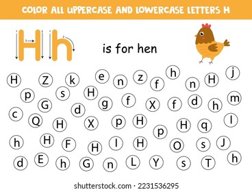 Find and color all letters H. Educational worksheet for learning alphabet. ABC letters. H is for hen.