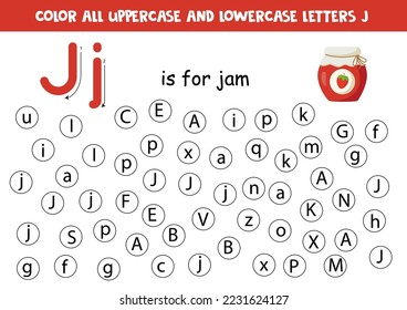 Find and color all letters J. Educational worksheet for learning alphabet. ABC letters. j is for jam.