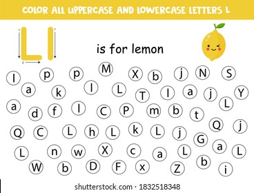 Find and color all letters L. Educational worksheet for learning alphabet. ABC letters. L is for lemon.