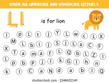 Find and color all letters L. Educational worksheet for learning alphabet. L is for lion.