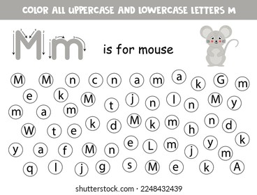 Find and color all letters M. Educational worksheet for learning alphabet. M is for mouse.