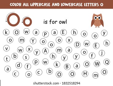 Find and color all letters O. Educational worksheet for learning alphabet. ABC letters. O is for owl.