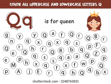 Buscar y colorear todas las letras Q. Hoja de cálculo educativa para el aprendizaje del alfabeto. Q es para la reina.