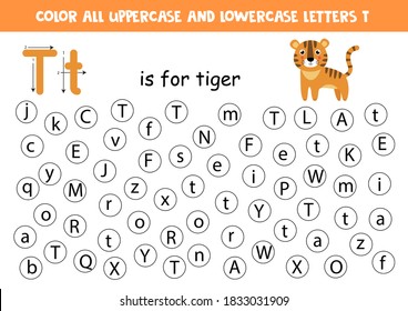 Find and color all letters T. Educational worksheet for learning alphabet. ABC letters. T is for tiger.