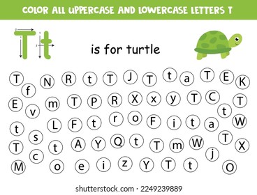 Find and color all letters T. Educational worksheet for learning alphabet. T is for turtle.