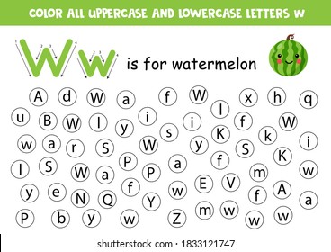 Find and color all letters W. Educational worksheet for learning alphabet. ABC letters. W is watermelon.