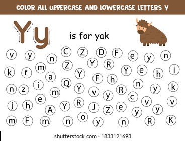 Find and color all letters Y Educational worksheet for learning alphabet. ABC letters. Y is for yak.