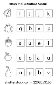 ¬¬ Find and color the beginning sound of autumn elements. Educational game for kids.