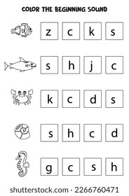 Find and color the beginning sound of cute sea animals. Educational game for kids.