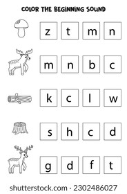 Find and color the beginning sound of cute woodland animals. Educational game for kids.