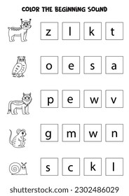 Find and color the beginning sound of cute woodland animals. Educational game for kids.