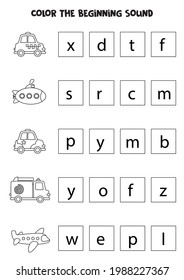 Find and color the beginning sound of the word. Educational game for kids.