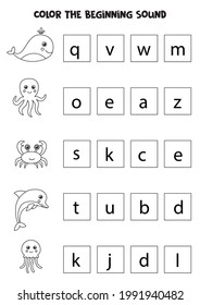 Find and color the beginning sound of the word. Educational game for kids.