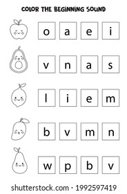 Find and color the beginning sound of the word. Educational game for kids.