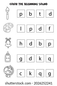  Find and color the beginning sounds of school supplies. Educational game for kids.