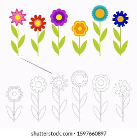 Find and color. Games and tasks for children. Coloring page  flowers. Preschool education