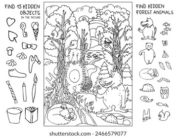 Find and color hidden objects and all forest animals. Puzzle game for kids. Landscape. Coloring page. Sketch vector illustration