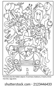 Find and color the hidden objects. Animal ride by car. Vacation. Puzzle game for kids. Printable education worksheet. Sketch vector illustration.