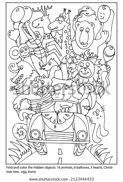 Find and color the hidden objects. Animal\
ride by car. Vacation. Puzzle game for kids. Printable education\
worksheet. Sketch vector\
illustration.