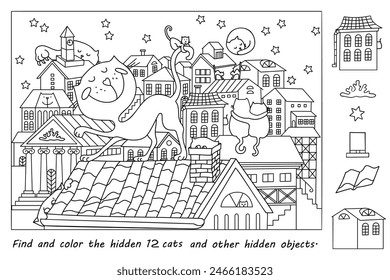 Find and color the hidden objects. Cats on the roofs of city houses at night. Coloring page. Puzzle game for kids. Printable education worksheet. Sketch vector illustration.