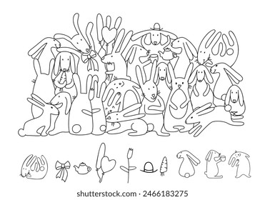 Find and color hidden objects. Cute bunnies. Easter rabbits. Coloring page. Educational puzzle game for children. Sketch vector illustration