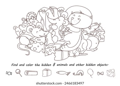 Find and color hidden objects. Funny cat and rats among cheeses. Coloring page for kids. Hidden object puzzle game. Sketch vector illustration of cute cartoon characters.