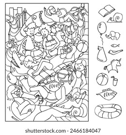 Suchen und färben Sie die ausgeblendeten Objekte. Kinder im Aquapark, Freizeitaquapark mit Wasserattraktionen, Rutschbahn, Mädchen und Jungen schwimmen im Pool auf aufblasbarem Ring. Seite färben. Vektorgrafik skizzieren 