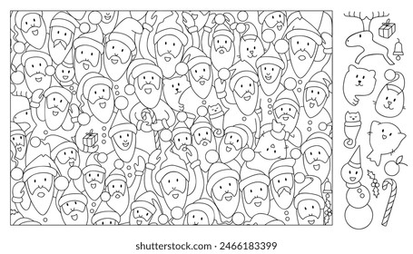 Find and color the hidden objects in the picture. Crowd of Santa Clauses. Christmas puzzle game for kids. Coloring page. Sketch Vector illustration
