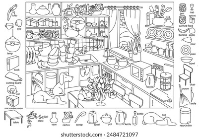 Find and color hidden objects in the picture. Kitchen interior with furniture and home objects. Cozy family eating room. Linear sketch vector illustration.