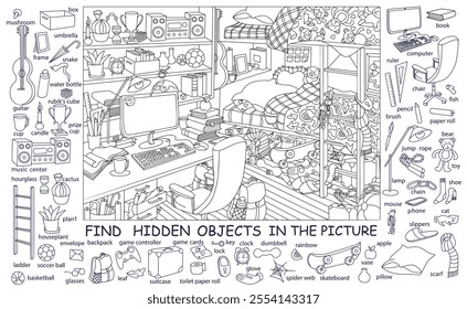 Find and color hidden objects in the picture. Teenager room interior with furniture and home objects. Cozy children room. Coloring page. Linear sketch vector illustration.