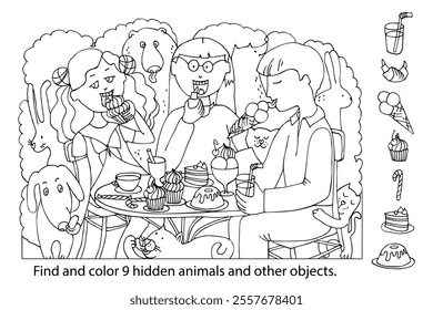 Find and color hidden objects in the picture. Group of friends eating out in cafe together. People in the outdoor area of the bar with animals around.  Linear sketch vector illustration.