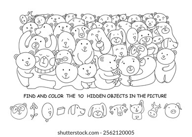 Find and color hidden objects in the picture. Bear group. Animal linear sketch vector illustration