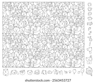 Find and color hidden objects in the picture. Bear group. Animal linear sketch vector illustration