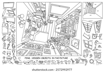 Find and color hidden objects in the picture. Interrior of teenager’s room from above with furniture and home objects. Cozy children room. Linear sketch vector illustration