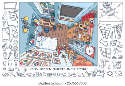 Find and color hidden objects in the picture. Interrior of teenager’s room from above with furniture and home objects. Cozy children room. Linear sketch vector illustration