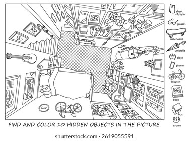 Find and color hidden objects in the picture. Interior of teenager’s room from above with furniture and home objects. Cozy children room. Linear sketch vector illustration