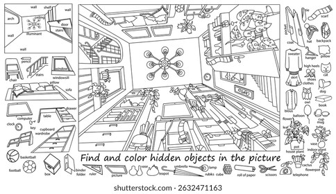 Find and color hidden objects in the picture. Room from bottom to top. Interior with furniture and home objects. Cozy family room. Learning English. Linear sketch vector illustration