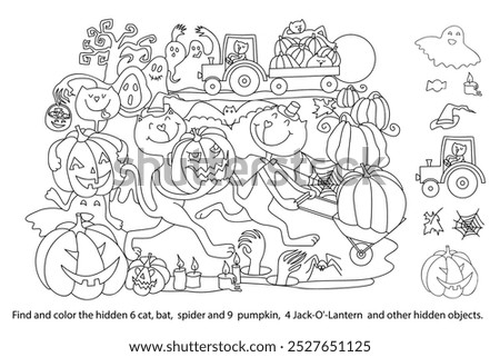 Find and color hidden objects in the picture. Halloween night with Cats, Pumpkins, Ghosts. Jack-O'-Lantern Halloween celebration. Hand drawn vector illustration.
