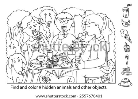Find and color hidden objects in the picture. Group of friends eating out in cafe together. People in the outdoor area of the bar with animals around.  Linear sketch vector illustration.