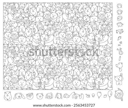 Find and color hidden objects in the picture. Bear group. Animal linear sketch vector illustration