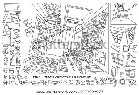 Find and color hidden objects in the picture. Interrior of teenager’s room from above with furniture and home objects. Cozy children room. Linear sketch vector illustration