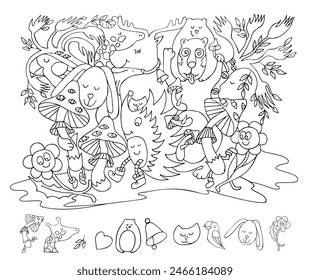 Find and color the hidden objects. Psychedelic mushroom, flowers and animals. Funny puzzle educational game. Coloring page. Sketch Vector illustration.