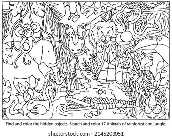 Find and color the hidden objects. Search and color 17 Animals of rainforest and jungle. Coloring page for kids or adult. Sketch vector illustration.