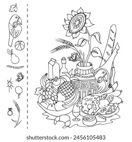 Find and color hidden objects. Still life. Sunflower in vase, food, fruits on plate, cheese, meat, egg, bottle. Coloring page. Hidden object puzzle game. Hand drawn vector illustration 