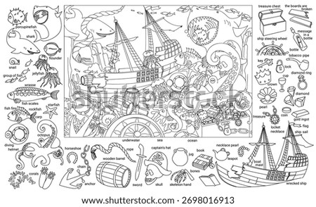 Find and color hidden objects. Underwater world with wreckage of a sunken pirate ship in the sea. Ocean world with sharks, anchor, octopus, fish, diving helmet and treasure. Learning English