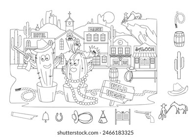 Find and color hidden objects. Wild West Cactus cowboy and cowgirl. Cacti flowers pots. Landscape with Western city. Coloring page. Puzzle Hidden Items. Game for kids. Sketch vector illustration