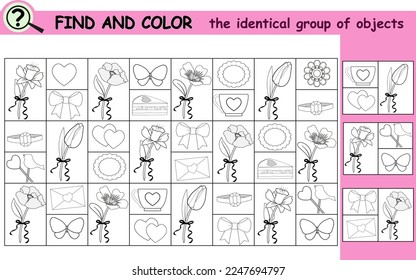 Find and color the identical group of objects. Coloring book page with flowers and valentines day attributes. Educational logical game for children. Vector illustration.