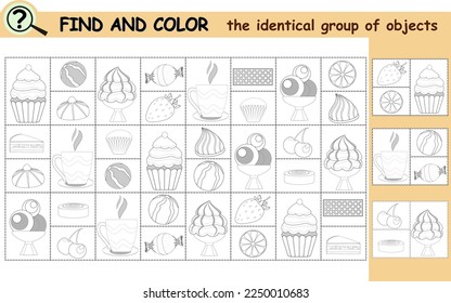 Find and color the identical group of objects. Coloring book page with delicious. Educational logical game for children. Vector illustration.